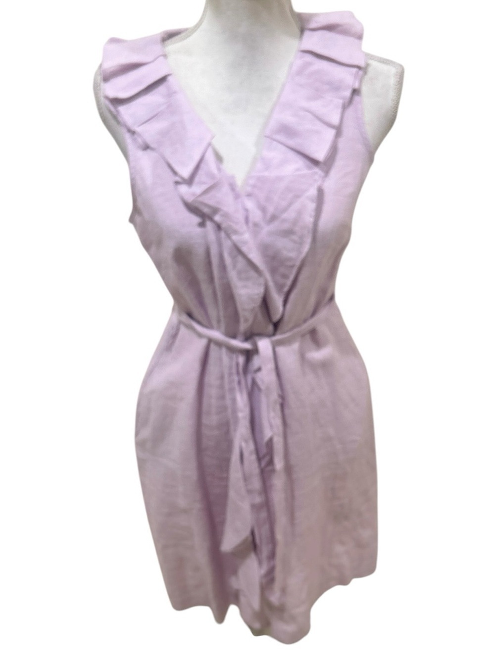 Talbots Lavender linen Ruffle V-Neck Tie-Waist Mini Dress pockets size 10 petite